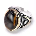 Genuine Solid 925 Silver Rings Cool Vintage Rings Natural Onyx Tiger Eye Big Turkish Rings For Men