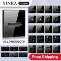 YINKA Tempered Glass Switch Panel LED Indicator 1-4Gang Light Switch EU 2USB Wall Sockets Push