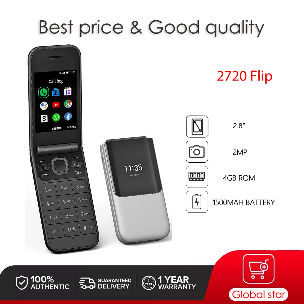 Original 2720 Flip 4G Dual SIM CellPhone Russian Arabic Hebrew Keyboard Made in Finland Unlocked