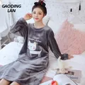 Winter Thick Warm Women Long Sleeve Flannel Nightgowns Cartoon Grey Cat Female Coral Velvet