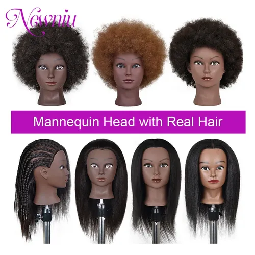 Afro-Mannequin köpfe mit 100% echtem Haar mit verstellbarem Stativ Friseur puppen Trainings kopf zum