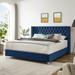 King Wingback Bed Platform Wood Slat Support Bed Frame Metal Support Feet Square Arm Tufted Button Nailhead Headboard - Blue