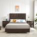 Brown Line Stripe Flannelette Wingback Queen Platform Bed Frame Wood Slat Support Metal Support Feet with 2 Nightstand