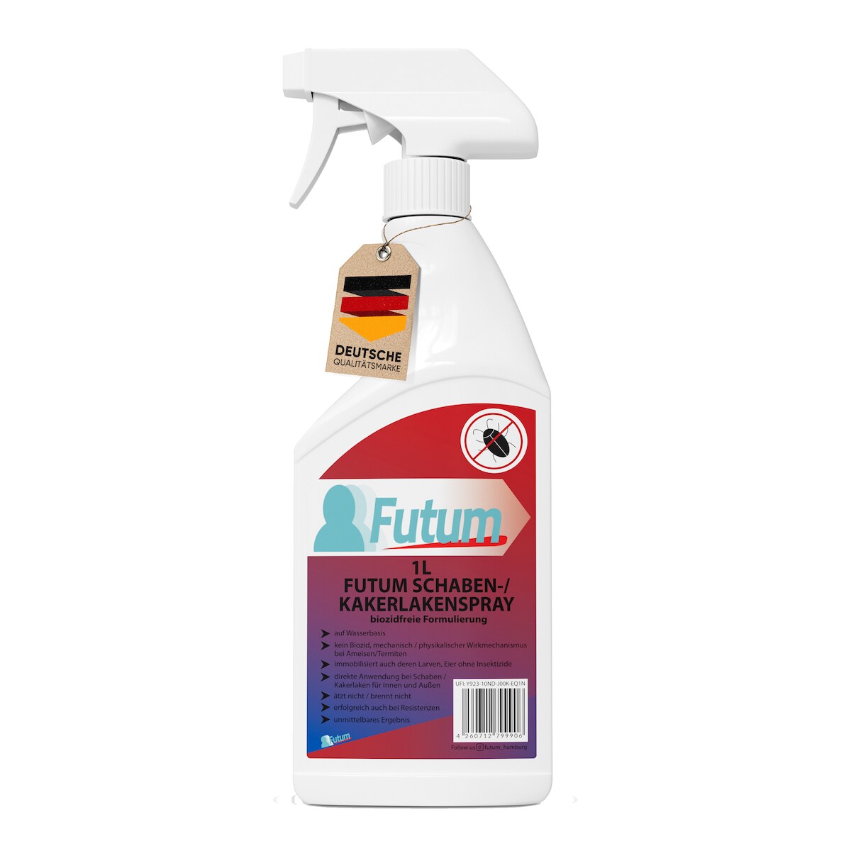 FUTUM 1L Schabenspray / Kakerlakenspray bekämpft Insekten, Eier, Larven, Insektenspray ohne Biozide auf Wasserbasis, Sofortwirkung ohne Flecken Image