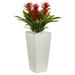 Silk Plant Nearly Natural Triple Bromeliad Artificial Plant in White Tower Planter - Red