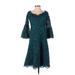 Teri Jon by Rickie Freeman Casual Dress - A-Line V Neck 3/4 sleeves: Teal Print Dresses - Women's Size 4