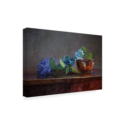 Winston Porter Copper Bowl w/ Blue Hydrangea On Canvas by Svetlana Orinko Print Canvas in Brown/Green/Indigo | 12 H x 19 W x 2 D in | Wayfair