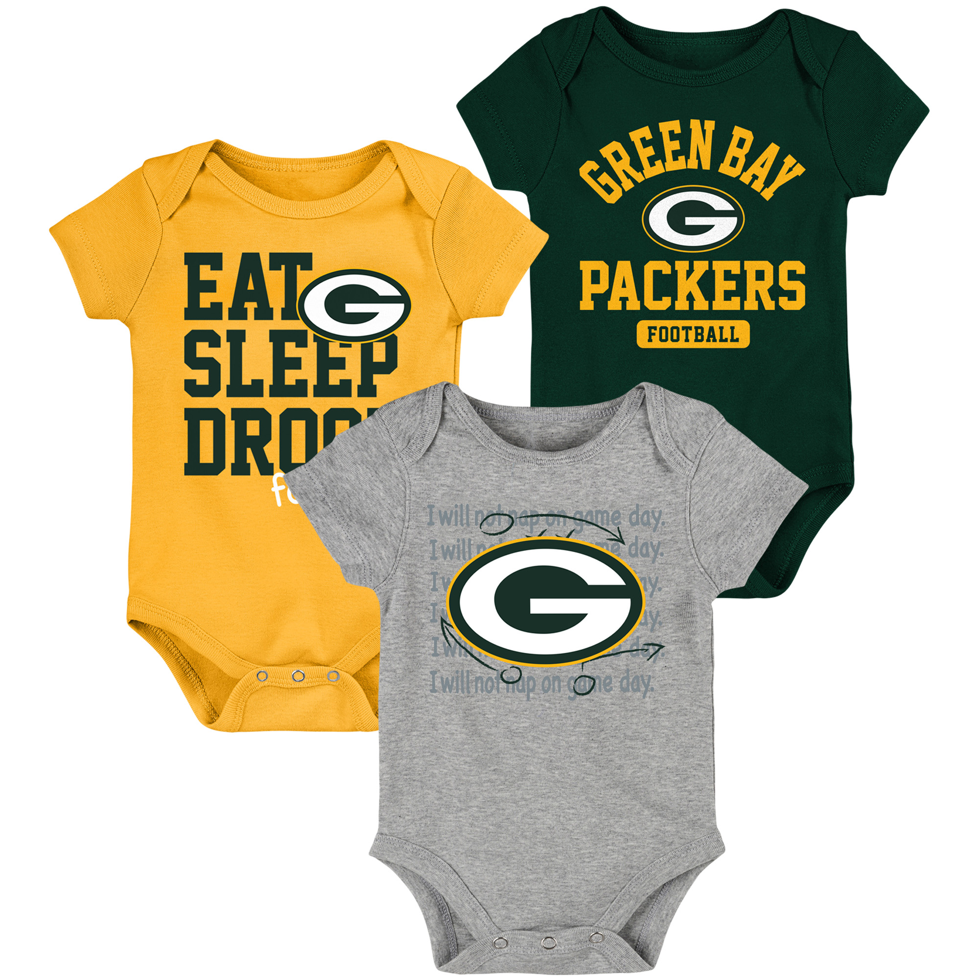 Grün/Goldenes dreiteiliges Body-Set für Neugeborene und Kleinkinder der Green Bay Packers „Eat Sleep Drool Football“ Image