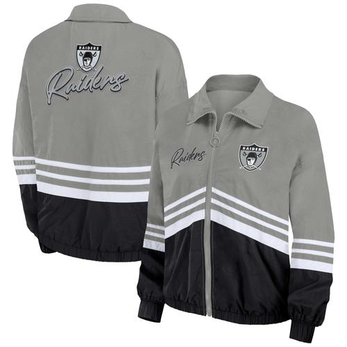 Damenbekleidung von Erin Andrews, silberne Vintage-Windbreaker-Jacke der Las Vegas Raiders mit durchgehendem Reißverschluss