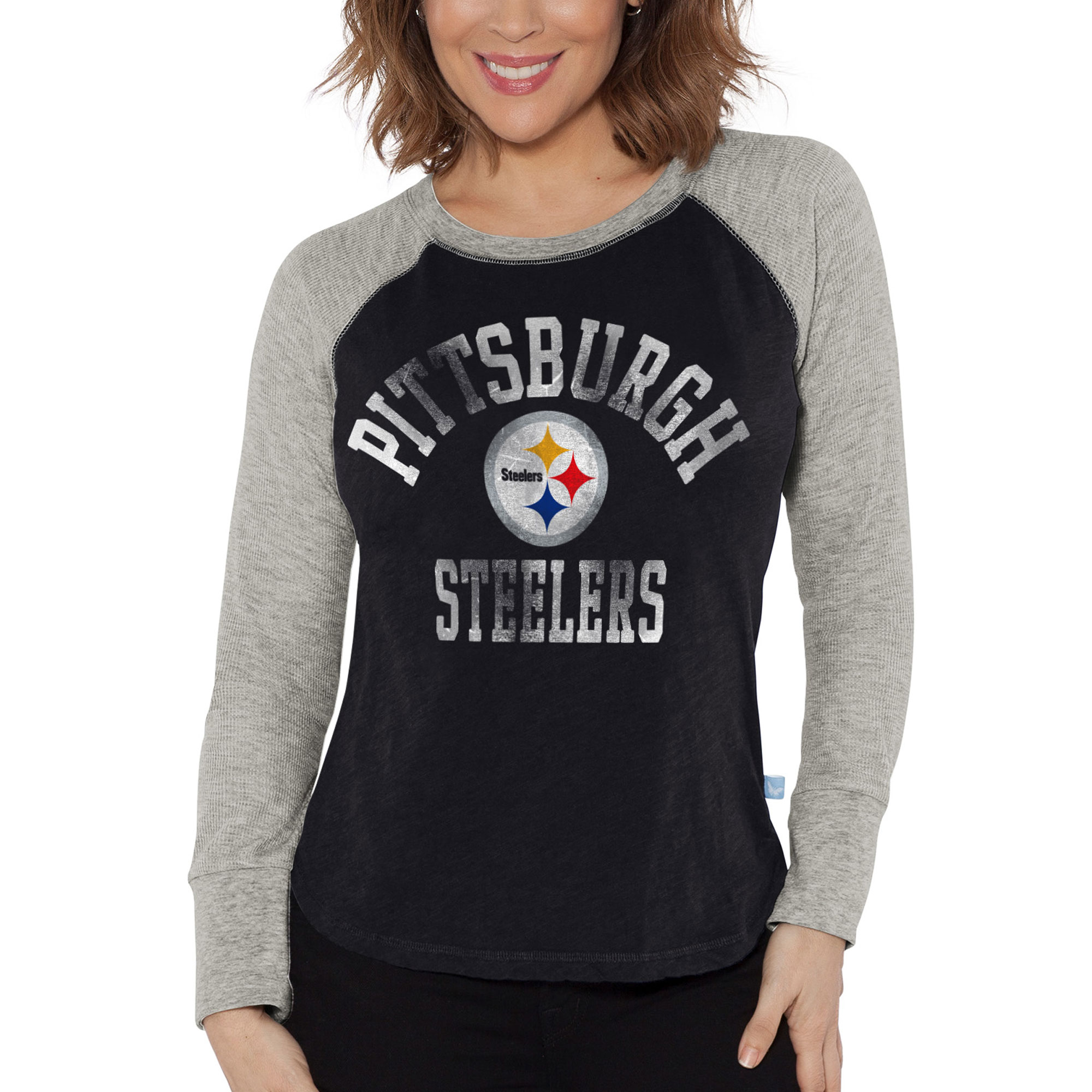 Damen-T-Shirt G-III 4Her von Carl Banks, schwarz/grau meliert, Pittsburgh Steelers, langärmelig, Raglan-Waffelmuster Image