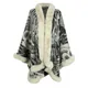 2023 New In Peacock Print Knitted Poncho Women Fur Collar Cape Coat Female Luxury Shawl Cardigan