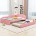 Full Size Pink PU Tufted Daybed w/ Trundle Bunk Bed & Cloud Shaped Guardrail & Solid Wood Slats Support Upholstered Bed Frame