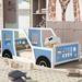 Modern Creative Twin Size Blue Car-Shaped Platform Floor Bed w/ Wheels Upholstered Bed Frame for Kids, Teens, Girls, Boys