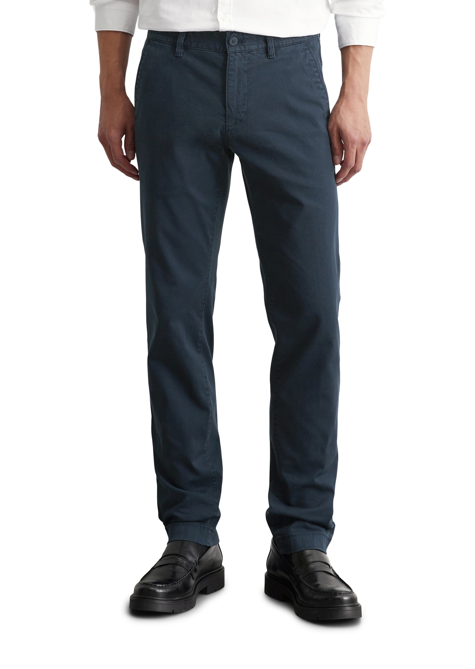 Chinohose MARC O'POLO "aus Bio-Baumwoll-Mix", Herren, Gr. 32, Länge 34, total eclipse, Obermaterial: 98% Baumwolle, 2% Elasthan, unifarben, figurbetont normal, Hosen Chinohose