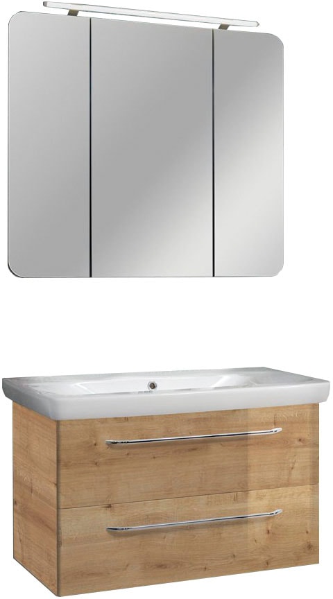 Waschtisch FACKELMANN "Waschplatz-Set MILANO", braun (korpus und front optik asteiche, optik asteiche), B:88,3cm T:54cm, Waschtische, 3-teilig Image