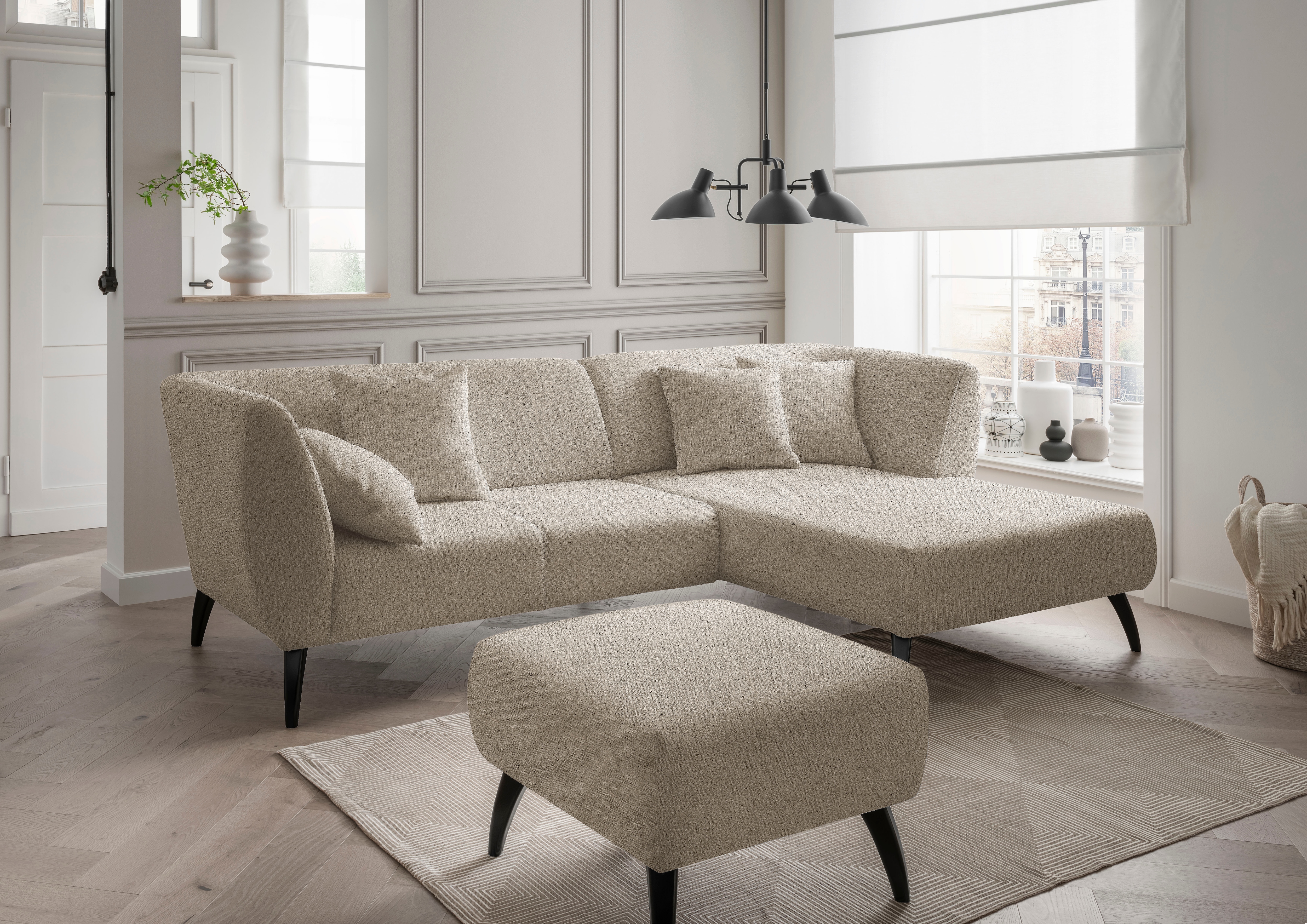 Ecksofa HOME AFFAIRE "Colori Polstermöbel mit zeitlos eleganter Rückenführung. L-Form", beige, B:264cm H:80cm T:160cm, 100% Polyester, Sofas, Ecksofa, Holzfußfarbe wählbar, inkl. 4x Zierkissen