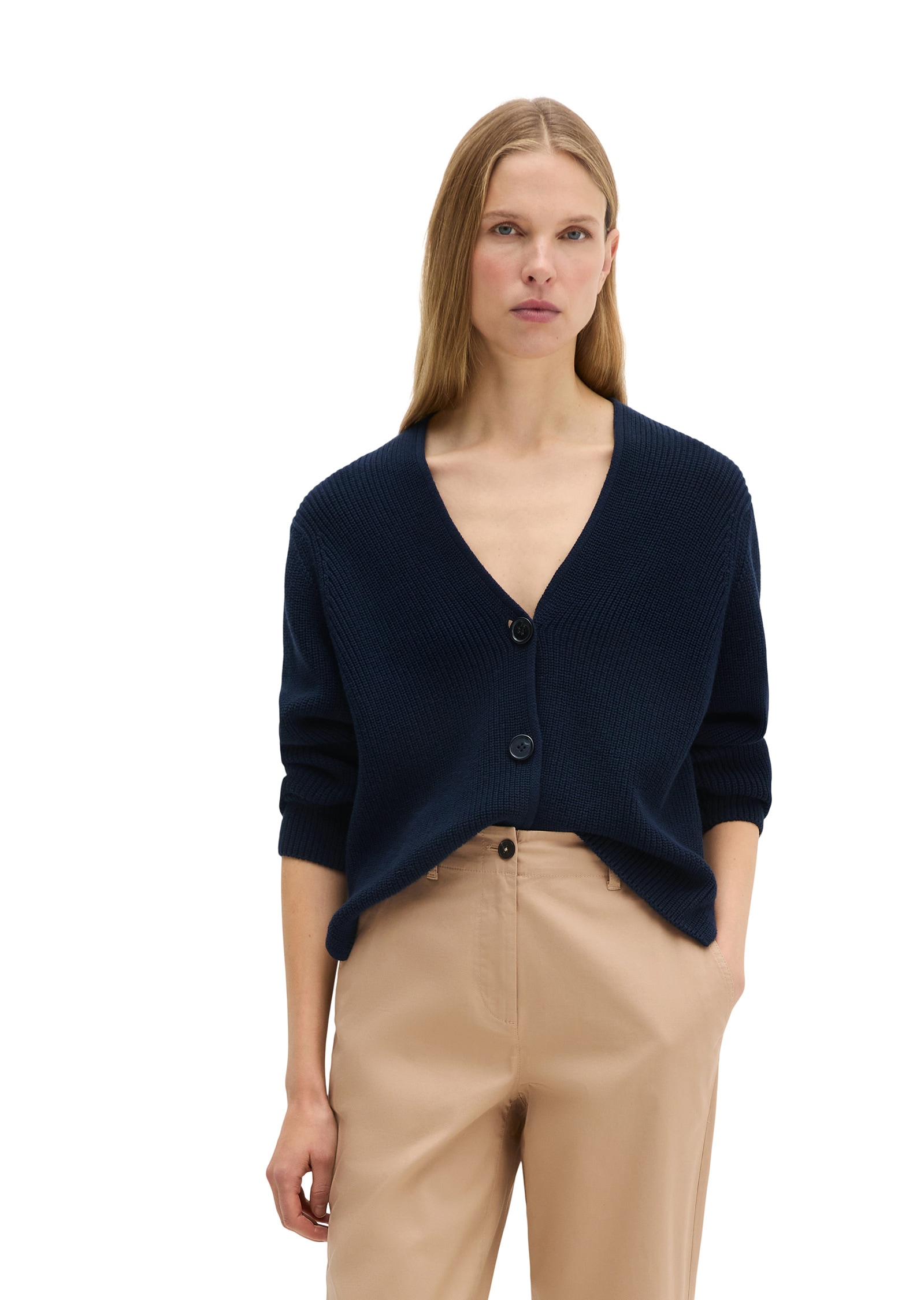 Cardigan MARC O'POLO "aus Heavy-Weight-Organic-Cotton", Damen, Gr. L, blau (night sky), Obermaterial: 100% Baumwolle, unifarben, loose fit, V-Ausschnitt, normaler Saum, Strickjacken