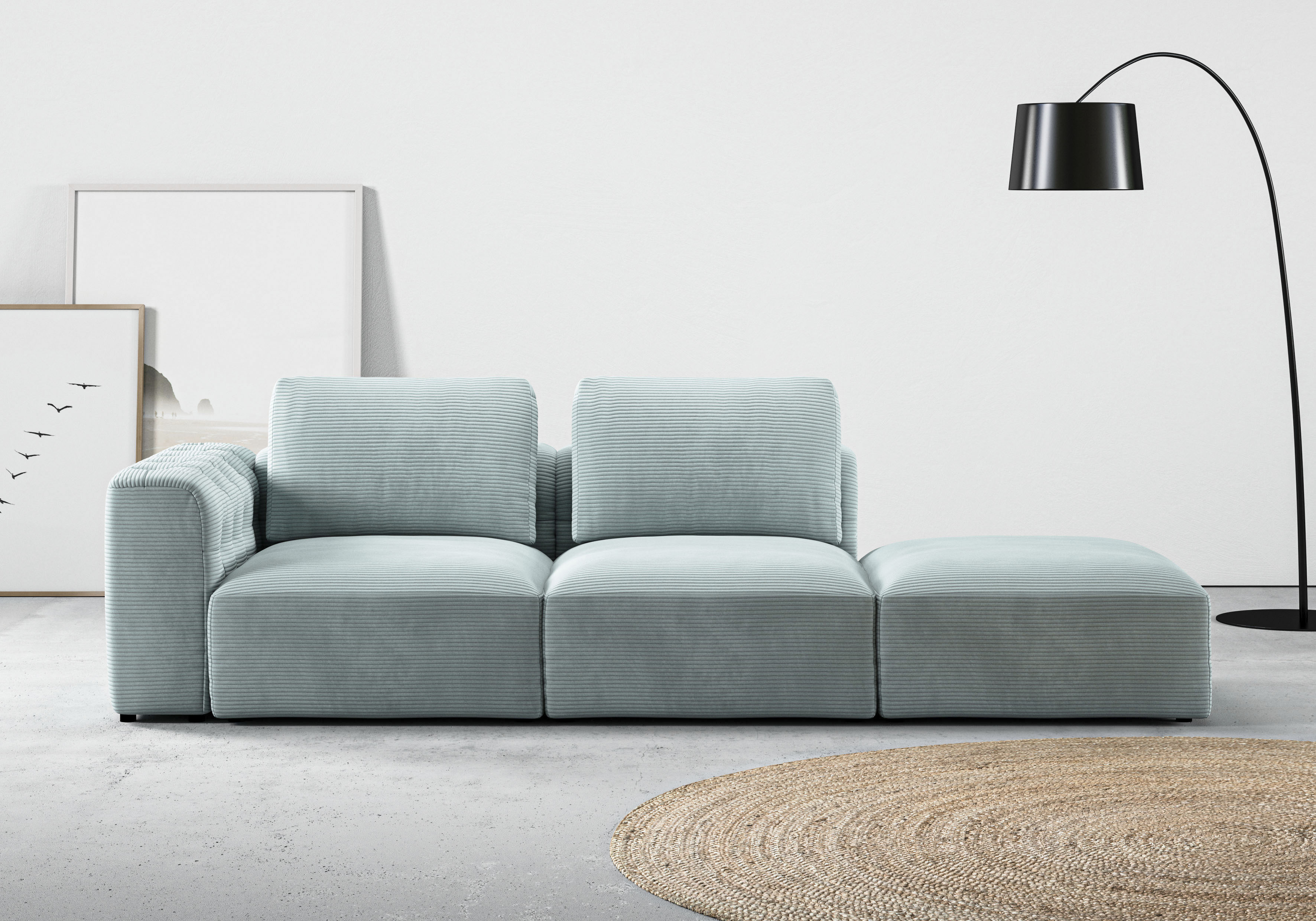 Chaiselongue RAUM.ID "Cushid", blau (bleu), B:273cm H:62cm T:109cm, 88% Polyester, 12% Polyacryl, Sofas, Chaiselongue, Modul-Sofa, bestehend aus 2-Sitzer und Hocker
