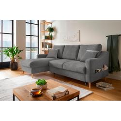 Ecksofa INOSIGN "Valentina L-Form", grau (dunkelgrau), B:228cm H:94cm T:150cm, 95% Polyester, 5% Nylon, Sofas, 2 Zierkissen, mit Seitentasche, ausziehbarer Liegefläche, Bettkasten
