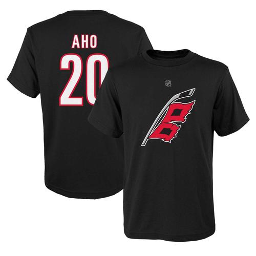 Sebastian Aho, Carolina Hurricanes, Spielername und -nummer, schwarzes T-Shirt für Jugendliche