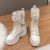 Herbst Starke Ferse Stiefeletten Frauen 11,5 CM Chunky Turnschuhe High Heels Winter Plattform Leder Schuhe Frau Metall Kette Punk stiefel