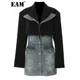 [EAM] Loose Fit Black Denim Color-block Long Jacket New Lapel Long Sleeve Women Coat Fashion Tide