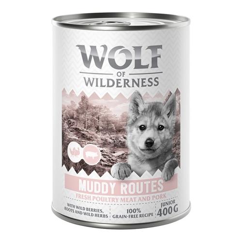6 x 400 g Junior Muddy Routes Geflügel mit Schwein Wolf of Wilderness getreidefreies Hundefutter…