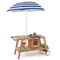 GYMAX Kids Mud Kitchen, Outdoor Wooden Toy Kitchen with Removable Umbrella, Wheels, Stove, Sink, Storage Space and Accessories, Pretend Children Cooking Cart for Girls Boys (Blue+Natural)