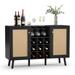 Anmytek Rattan Wine Bar Cabinet Black 2-Door Farmhouse Liquor Cabinet with Wine Rack and Glass Holder Buffet Sideboard