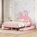 Full Size Upholstered Leather Platform Bed with Rabbit Ornament and 4 Drawers