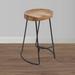 24 Inch Handcrafted Backless Barstool, Natural Brown Mango Wood Thick Saddle Seat, Black Iron Base
