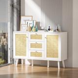 Anmytek 47" W 3-Drawer White Buffet Sideboard 2 Door Accent Rattan Cabinet Console Table