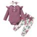 Toddler Baby Girls Clothes Baby Girls Outfits 12-18 Months Baby Girls Long Sleeve Romper Top Floral Pants Headband 3PCS Set Purple