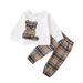 2T Toddler Baby Boys Clothes Baby Boys Outfits 2-3T Baby Boys Long Sleeve Round Neckline Bear Print Top Plaid Pants 2PCS Set White
