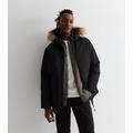 Men's Jack & Jones Black Faux Fur Trim Hooded Parka Jacket New Look