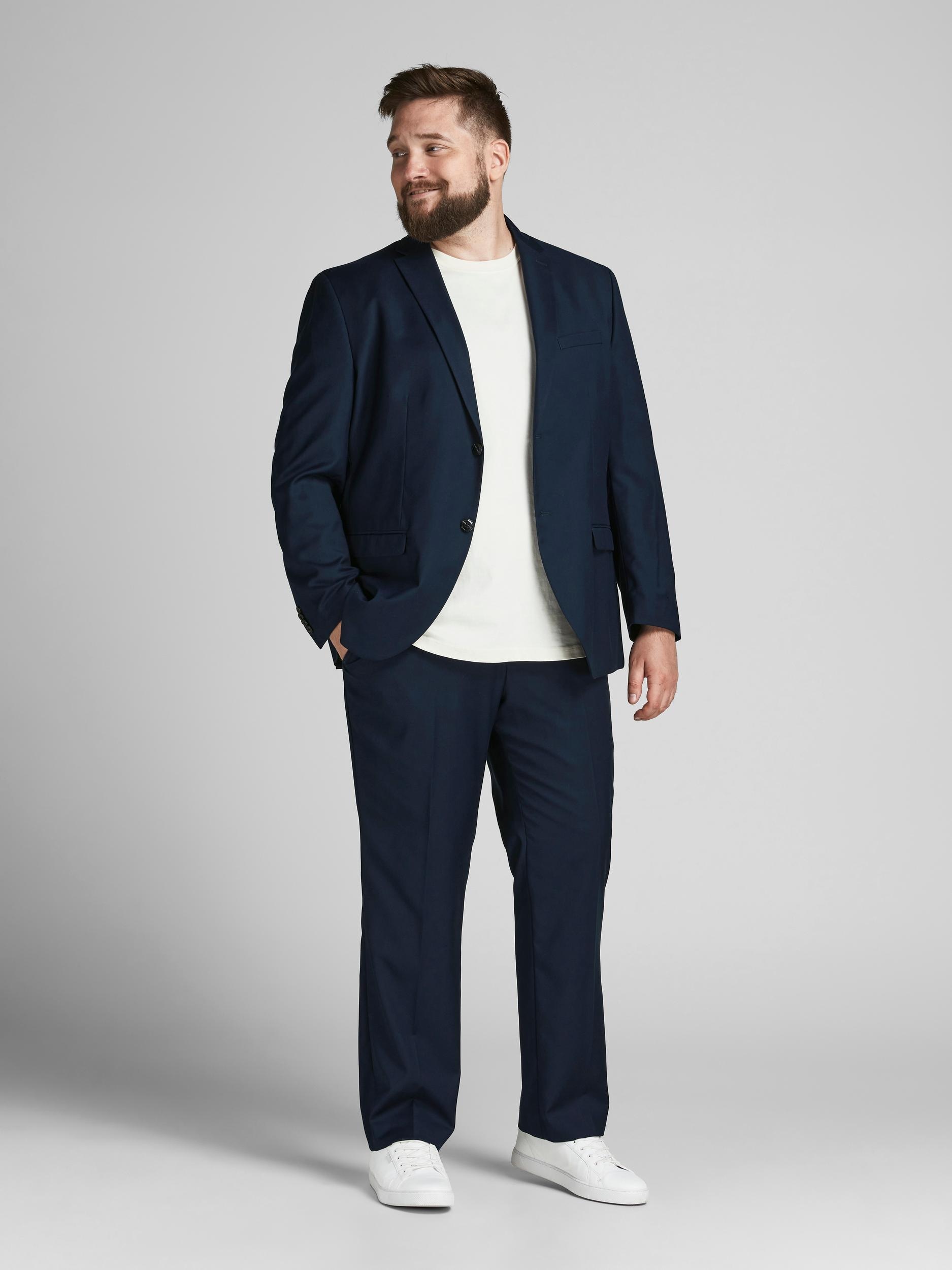 Anzug "JPRFRANCO SUIT NOOS PLS", Damen, Gr. 66, N-Gr, blau (schwarz navy), Web, Obermaterial: 78% Polyester, 17% Viskose, 5% Elasthan, JACK & JONES PLUSSIZE, unifarben, slim fit, Anzüge