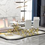 7-Piece Modern Dining Kitchen Set with X-Shaped Gold Steel Legs, Includes Rectangular Marble Dining Table & 6 PU Leather Chairs