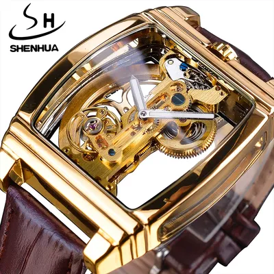 SHENHUA Transparent Königliche Luxus Wasserdichte Automatische Mechanische Uhr Leder Band Skeleton