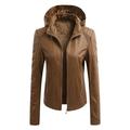 JDEFEG Winter Clothes for Women Petite Womens Long Sleeve Leather Jacket Motorcycle Leather Jacket Pu Leather Jacket Fashion Womens Jacket Coat with Detachable Hat Light Tan Jacket Pu Brown M