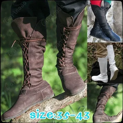 Mittelalterlichen Retro Frauen Prinzessin Männer Prinz Ritter Cosplay Leder Kurze Knöchel Stiefel Gothic Karneval Party Hohe Rohr Verband Schuhe Image