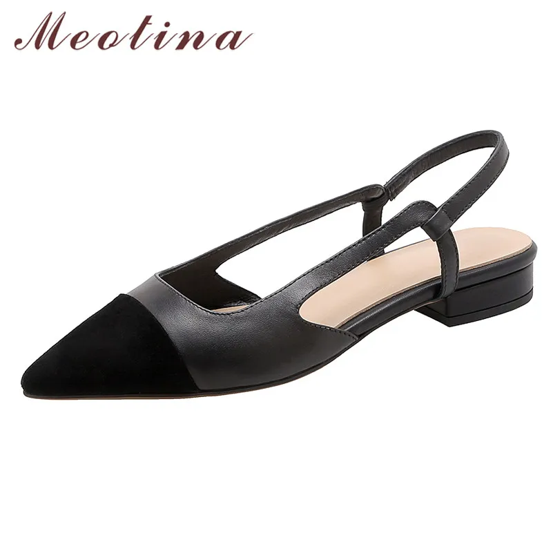 Meotina Echtes Leder Niedrigen Absatz Pumps Schuhe Frauen Schuhe Spitz Platz Heels Flache Damen Schuhe Sommer Schwarz 40