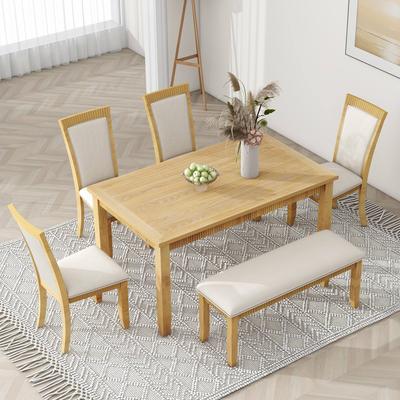 Rustic Solid Wood 6-piece Dining Table Set, PU Leather Upholstered Chairs and Bench