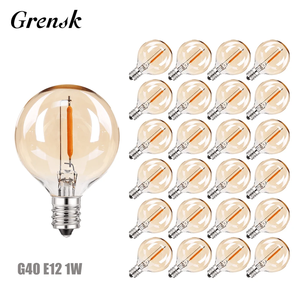 25 Stück G40 LED-Ersatzlampen, 220 V, 1 W, bernsteinfarbene Kugel-Ampulle, passend für E12- oder C7-Kandelaber-Schraubfassungen für Terrassen-Lichterkette