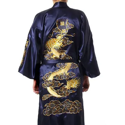 Marineblau Chinesischen männer Silk Satin Robe Stickerei Kimono Bad Kleid Drachen Größe S M L XL XXL XXXL Image