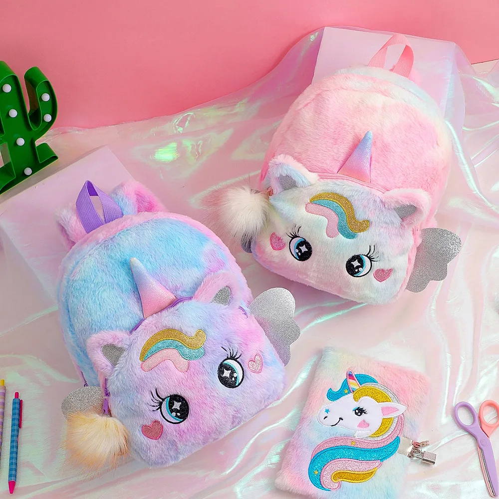 Sacs d'école nouveau sac à dos en peluche licorne de dessin animé mignon avec des ailes grands yeux sac à dos de maternelle pour enfants fille