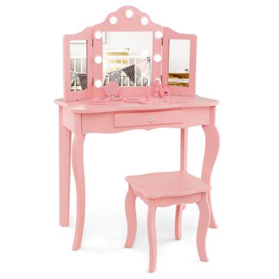 Costway Kid Vanity Table Stool Set with Tri-Folding Mirror and 3-Color LED Lights-Pink