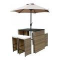 Brown & Tan Faux Wicker Outdoor Bar Height Table Set with Umbrella & Stool - 6 Piece