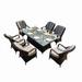 7 Piece 6-Seat PE Rattan Wicker Outdoor Patio and Garden Rectangular Fire Pit Dining Table Chair Set