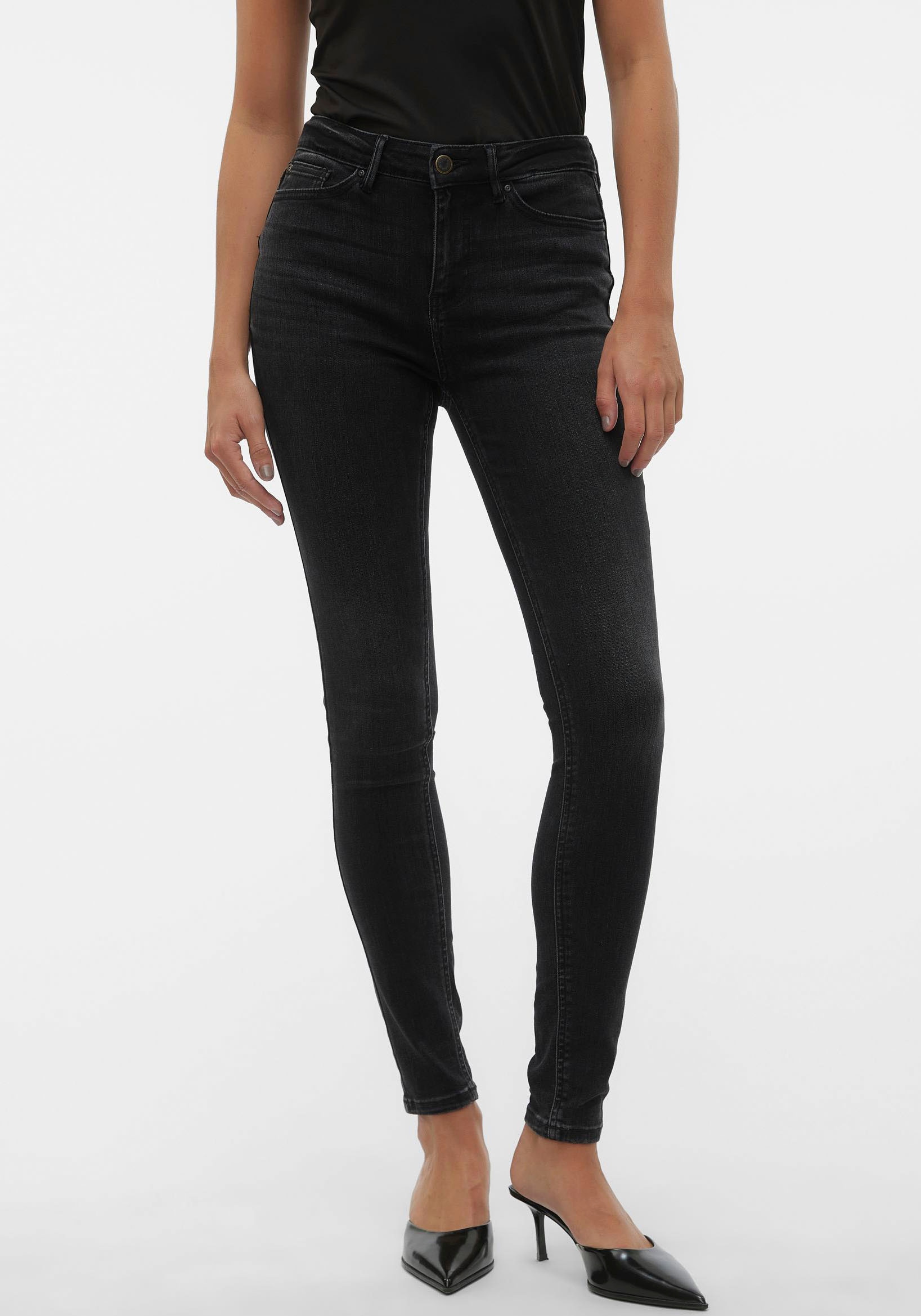 Skinny-fit-Jeans VERO MODA "VMFLASH MR SKINNY JEANS LI111 NOOS", Damen, Gr. L (40), Länge 32, schwarz (schwarz denim), Denim/Jeans, Obermaterial: 65% Baumwolle, 18% Polyester, 8% Viskose, 7% Elastomultiester, 2% Elasthan, unifarben, skinny fit lang,...