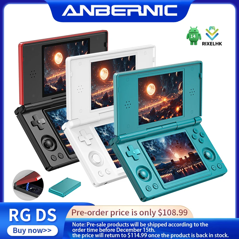 Anbernic RG DS Handheld-Spielekonsole, 4 Zoll IPS, Dual-Screen, Android, 4000 mAh, Flip-Videospiel-Player, unterstützt RixelHK-WLAN-Streaming